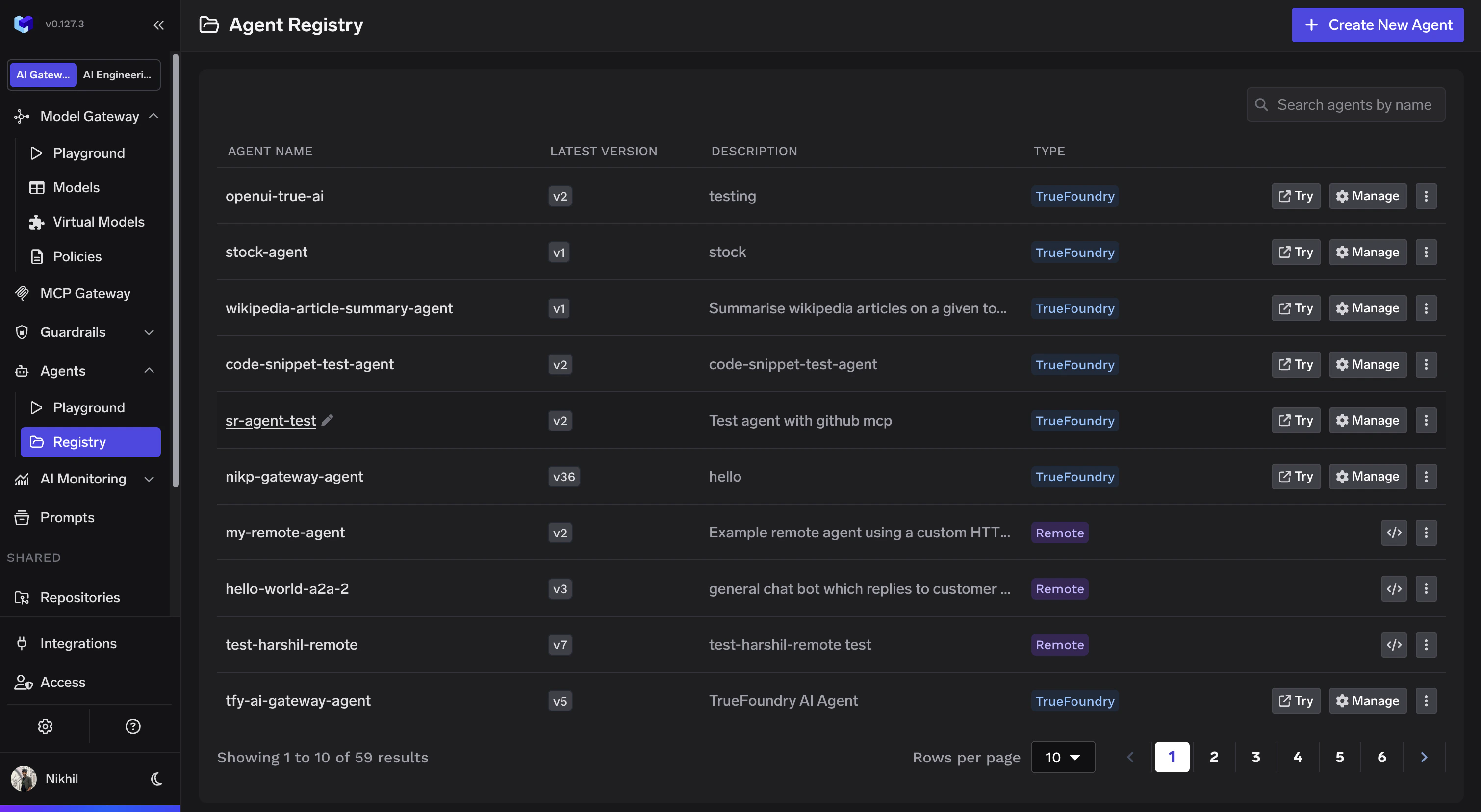 Agent Registry page listing all registered agents