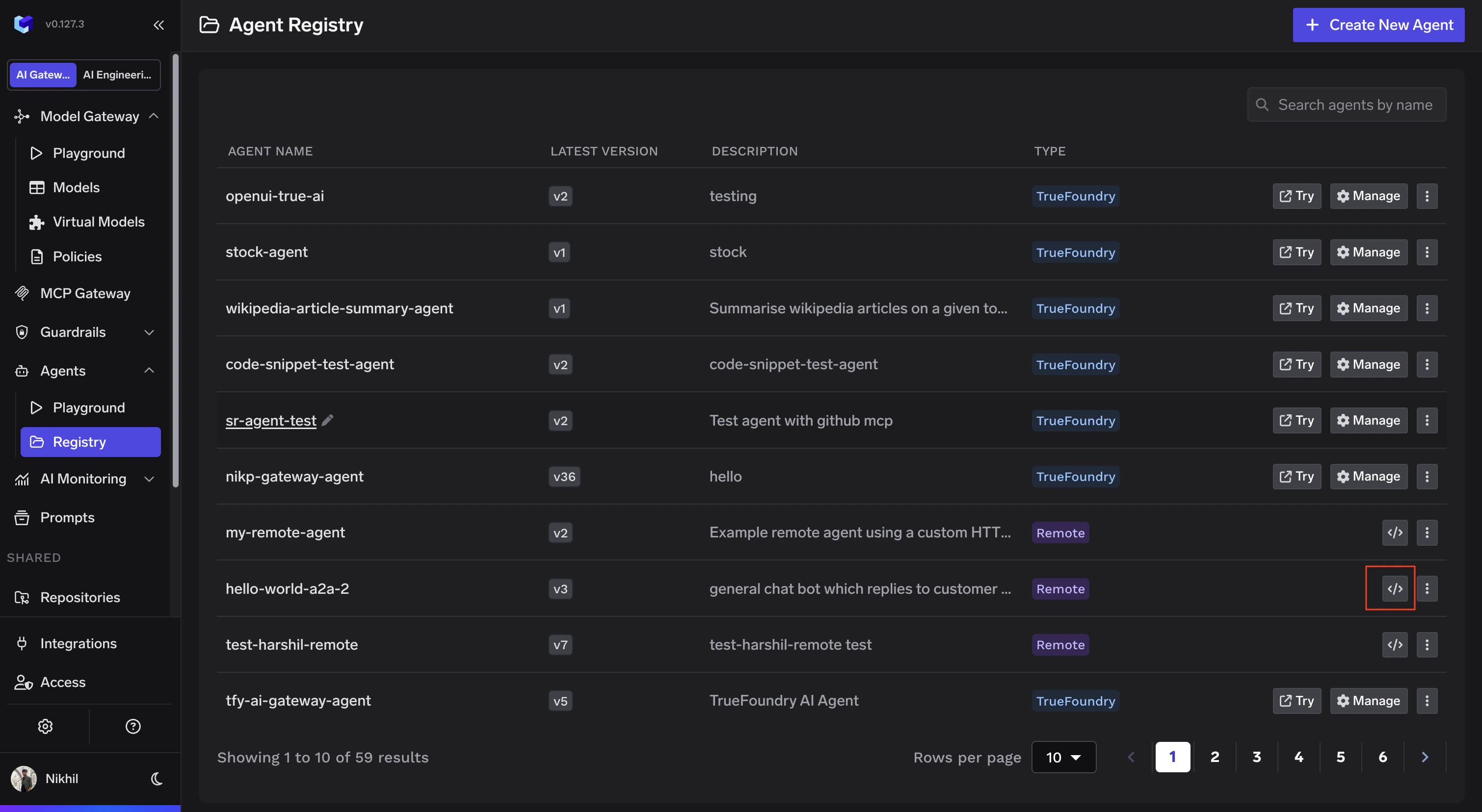 Agent Registry with code snippet button highlighted on a Remote agent
