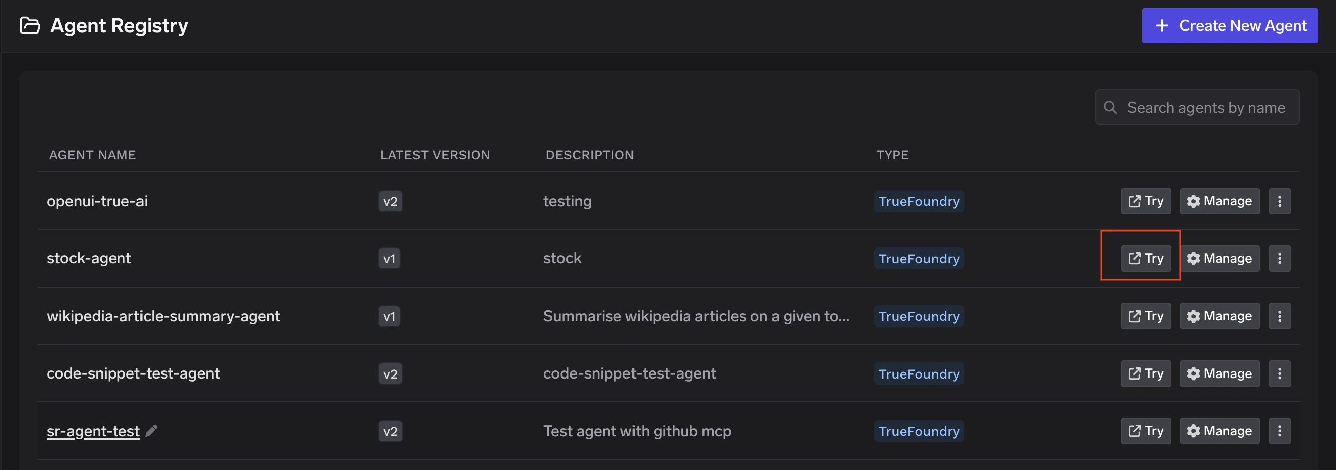 Agent Registry with Try button highlighted on a TrueFoundry agent