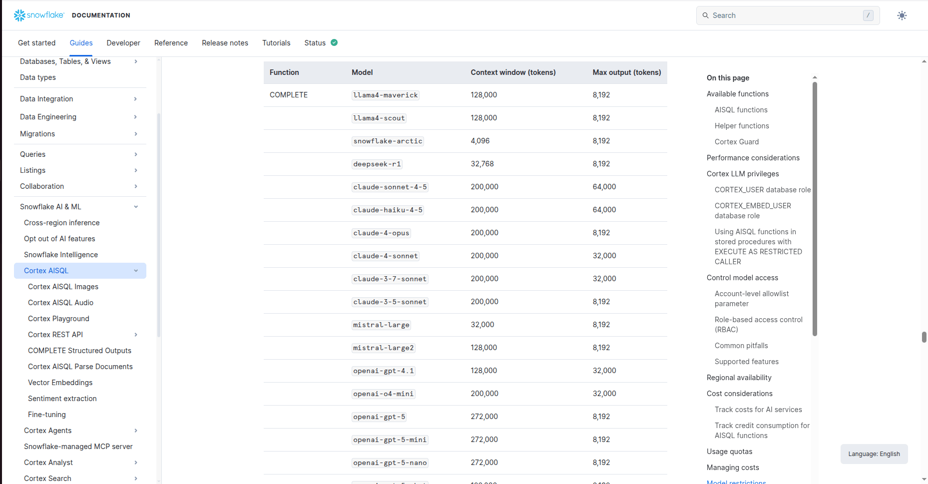 Snowflake Cortex docs showing available models with ids