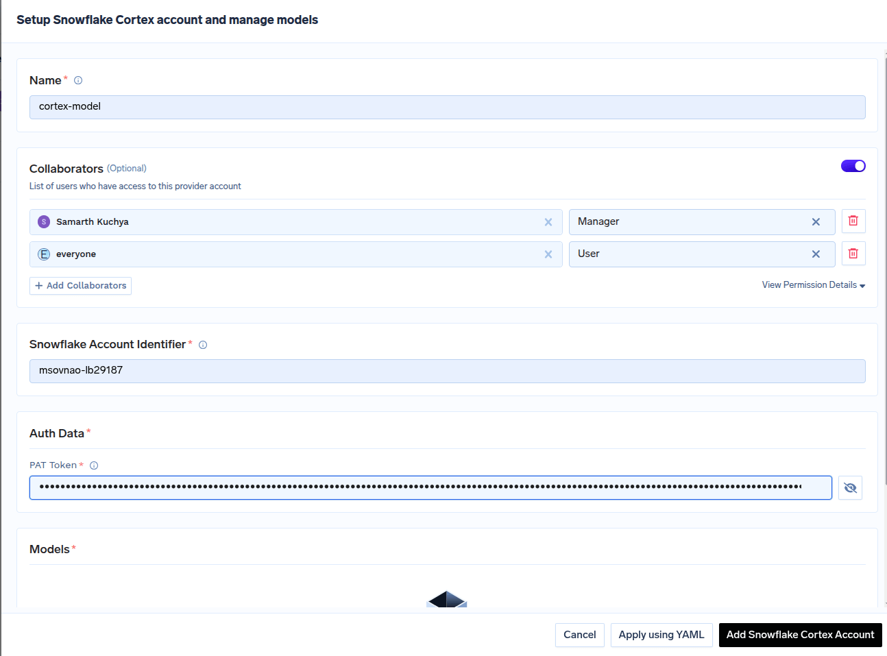 Snowflake cortex account configuration form with fields for API key and collaborators
