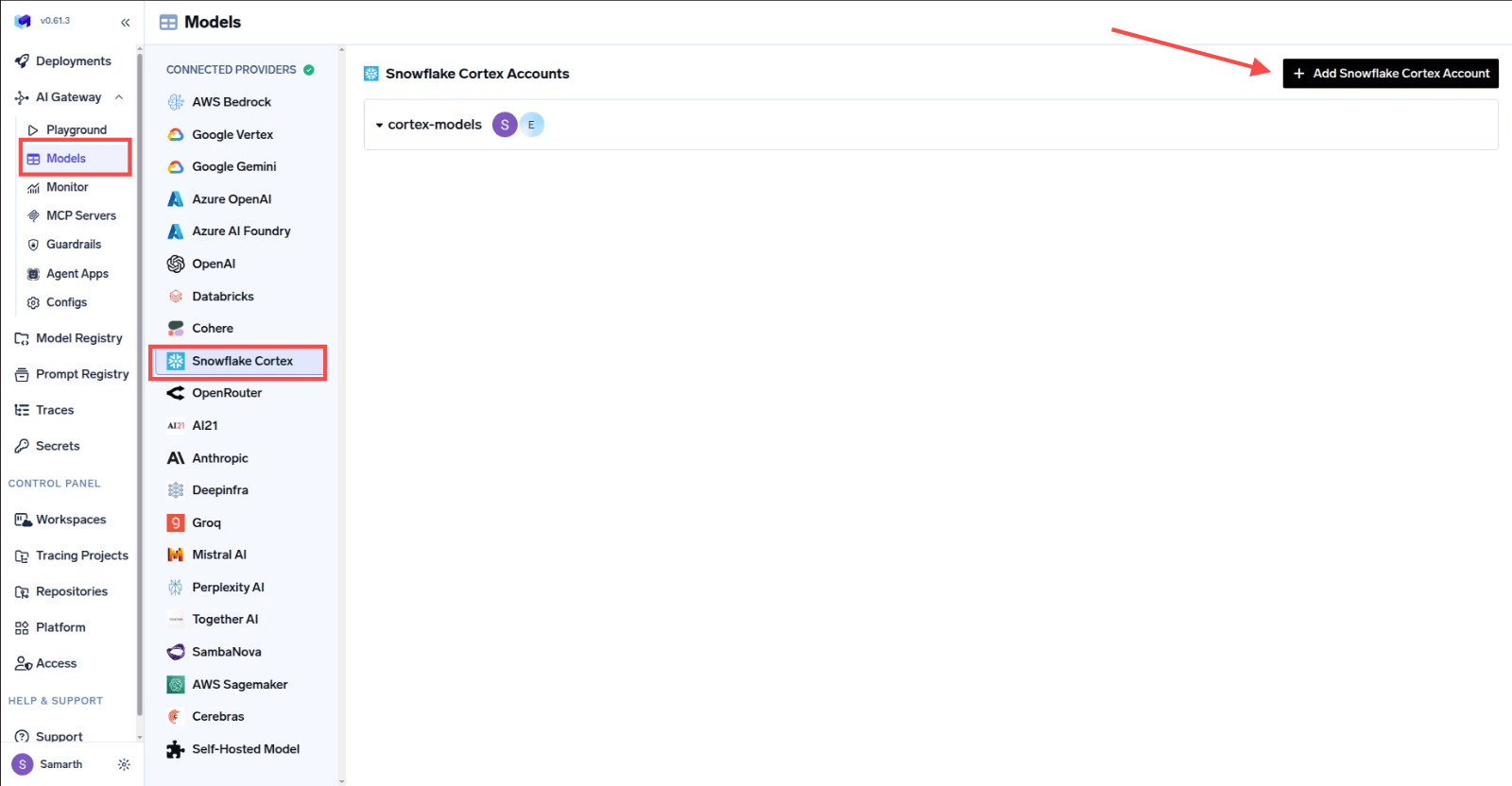 Navigating to Snowflake Cortex Provider Account in AI Gateway