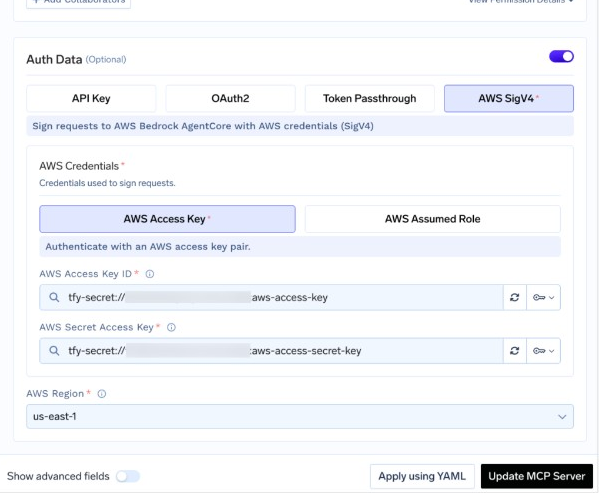 TrueFoundry MCP Auth Data form with AWS SigV4 and Credential Type options