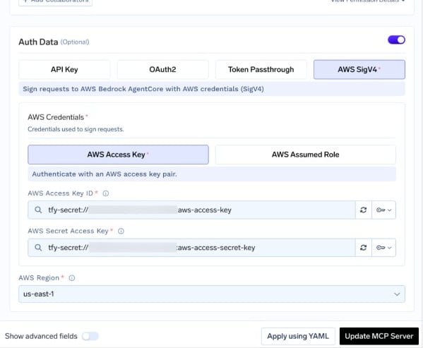 TrueFoundry MCP Auth Data form with AWS SigV4 and Credential Type options