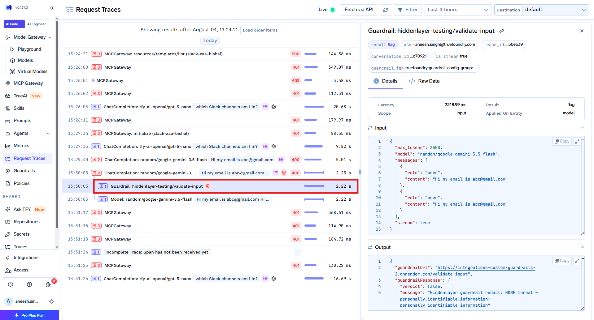 Request Traces view showing a selected Guardrail span with latency, result, scope, input, and output details