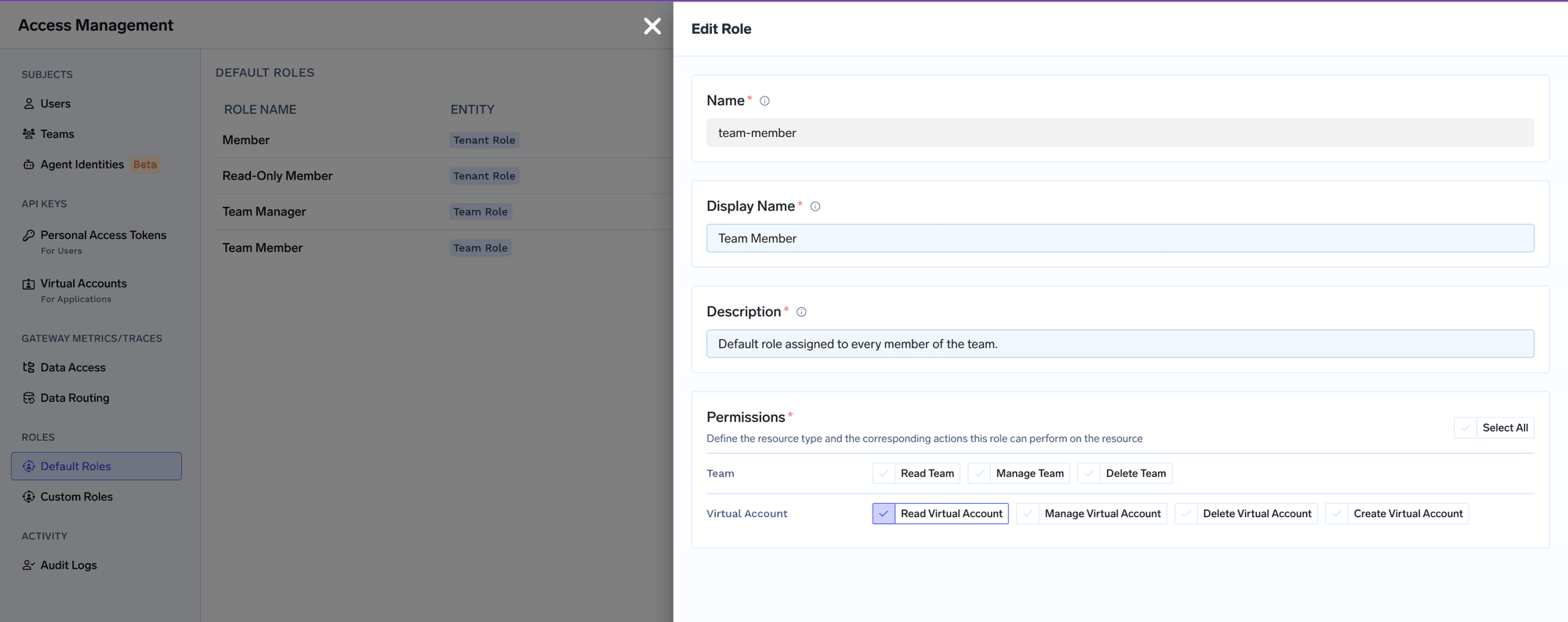 Edit Role drawer for the default Team Member role showing Team and Virtual Account permissions with Read Virtual Account selected