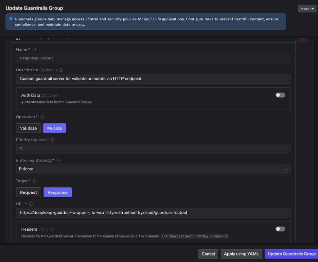 TrueFoundry Custom Guardrail form for deepkeep-output with Mutate selected, Target set to Response, Enforcing Strategy set to Enforce, and the wrapper /guardrails/output URL