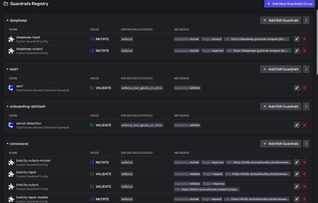 TrueFoundry Guardrails Registry showing the deepkeep group with deepkeep-input targeting request and deepkeep-output targeting response, both on Mutate and Enforce