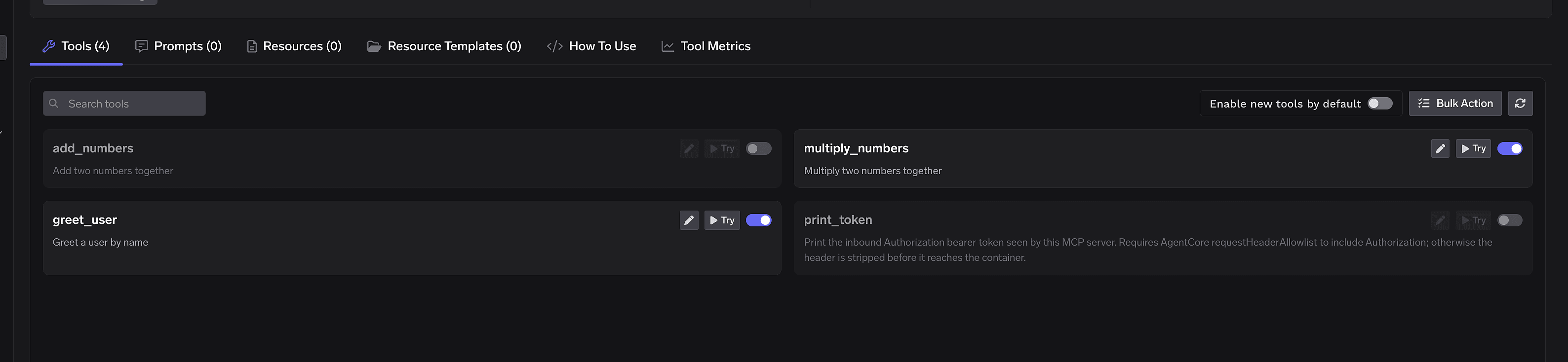 Tools tab after bulk save with Enable new tools by default off and two tools enabled