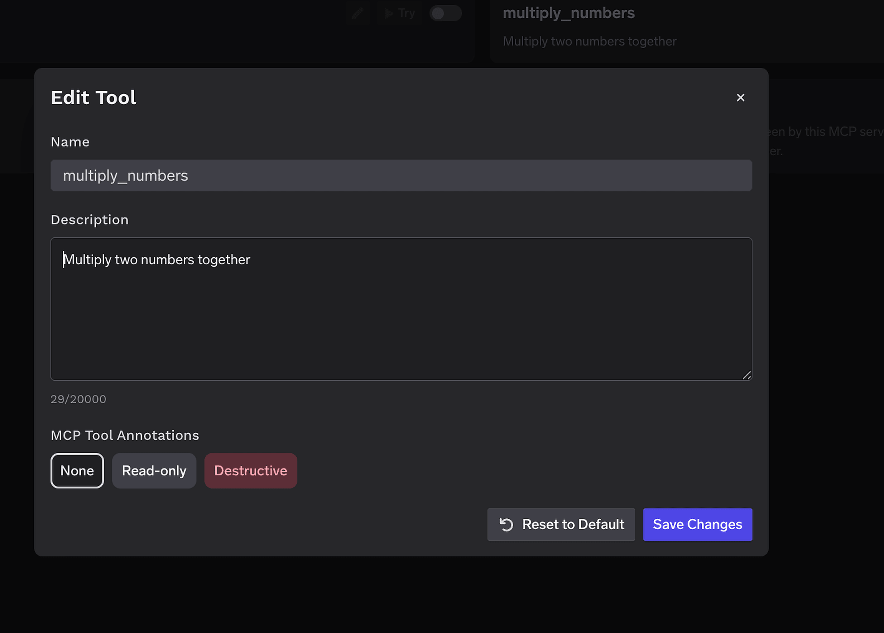 Edit Tool modal with description field and MCP Tool Annotations selector