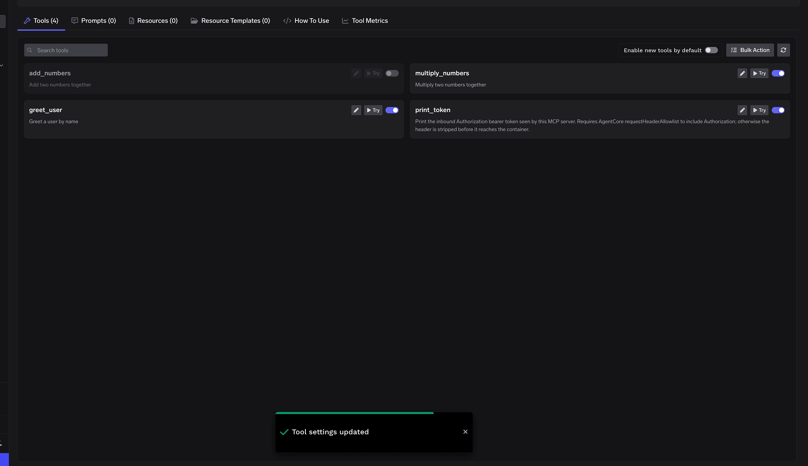Tool settings updated toast after saving changes with one tool disabled