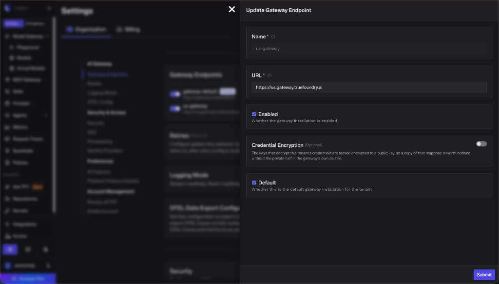 Update Gateway Endpoint form with name, URL, Enabled, and Default fields filled in for a US multi-regional endpoint