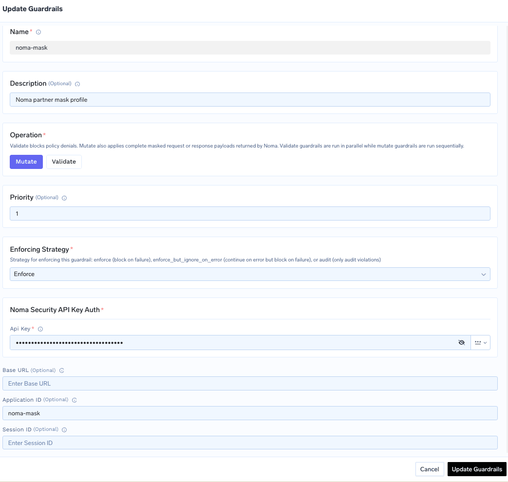 Noma Security guardrail form showing operation, priority, enforcing strategy, API key, and the optional Base URL, Application ID, and Session ID fields