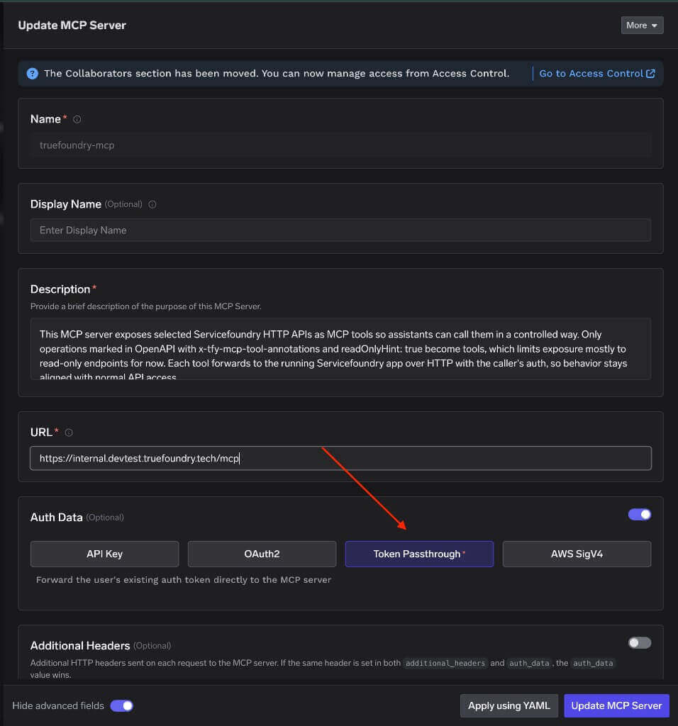 Update MCP Server form with Name truefoundry-mcp, URL pointing to the control plane /mcp endpoint, and Token Passthrough selected under Auth Data.