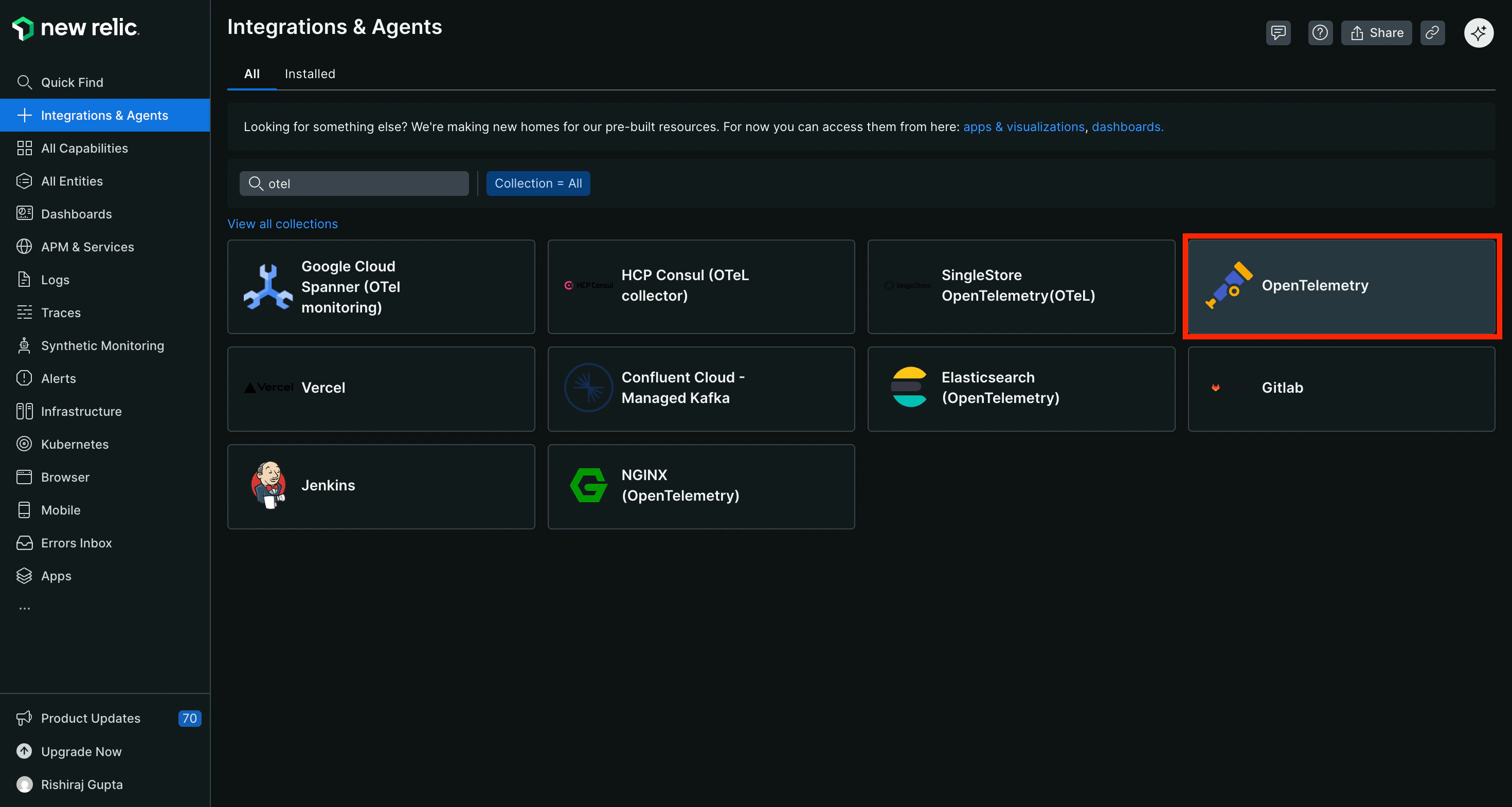 New Relic Integrations & Agents page showing OpenTelemetry integration option highlighted