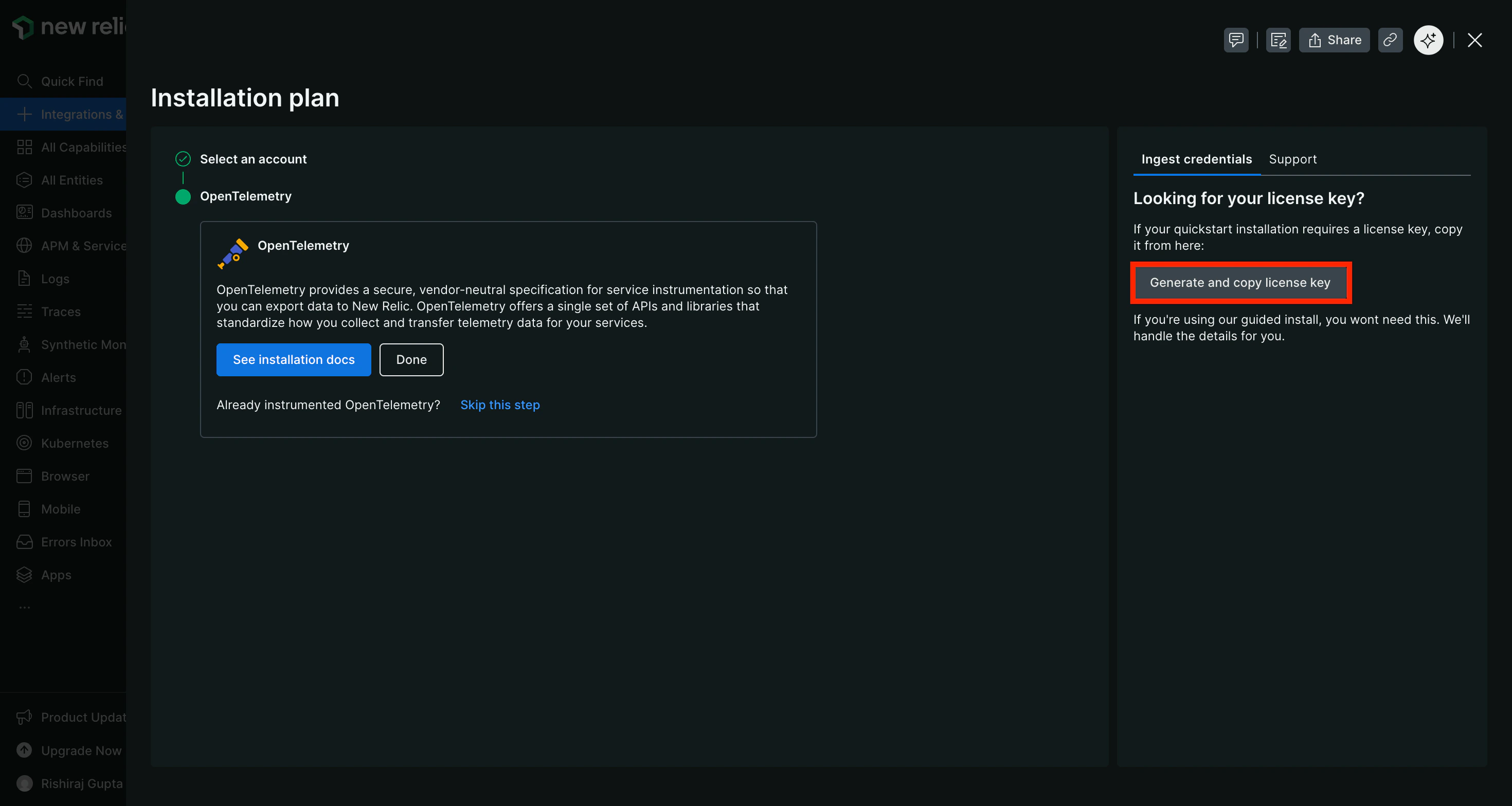 New Relic OpenTelemetry installation plan showing the Generate and copy license key button