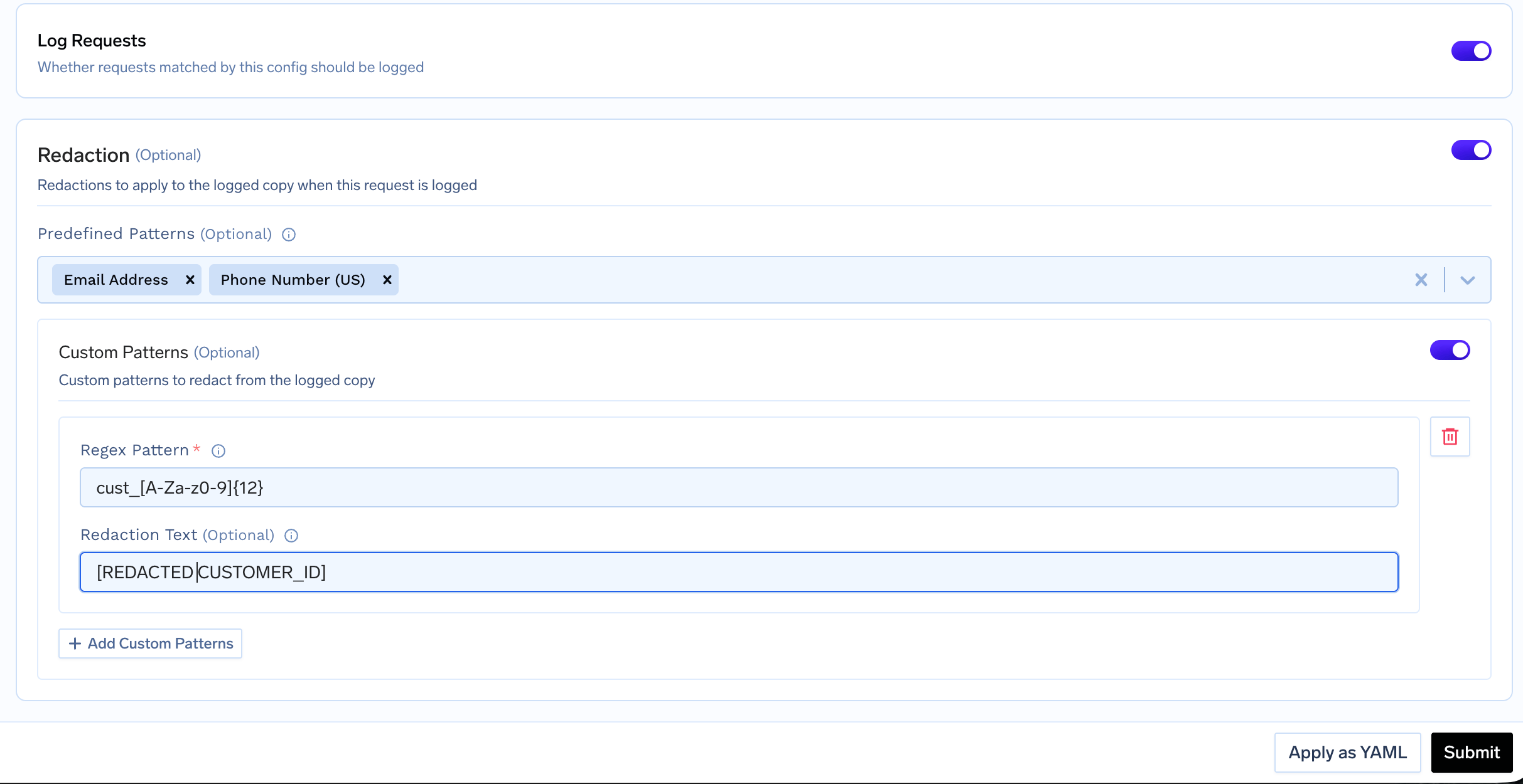 Log Requests toggle and Redaction section with predefined and custom patterns