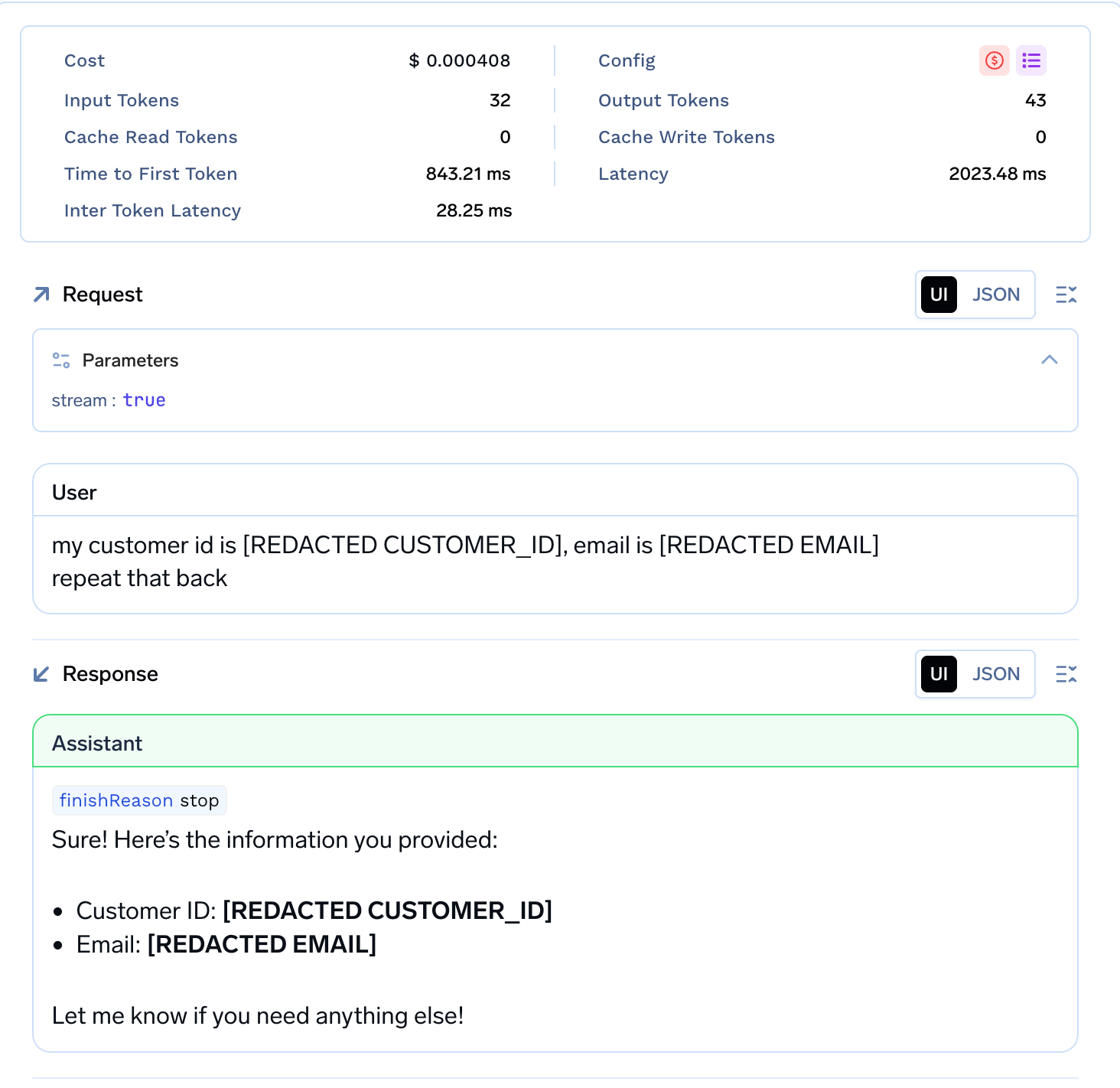 Request trace showing redacted customer ID and email with metrics still visible