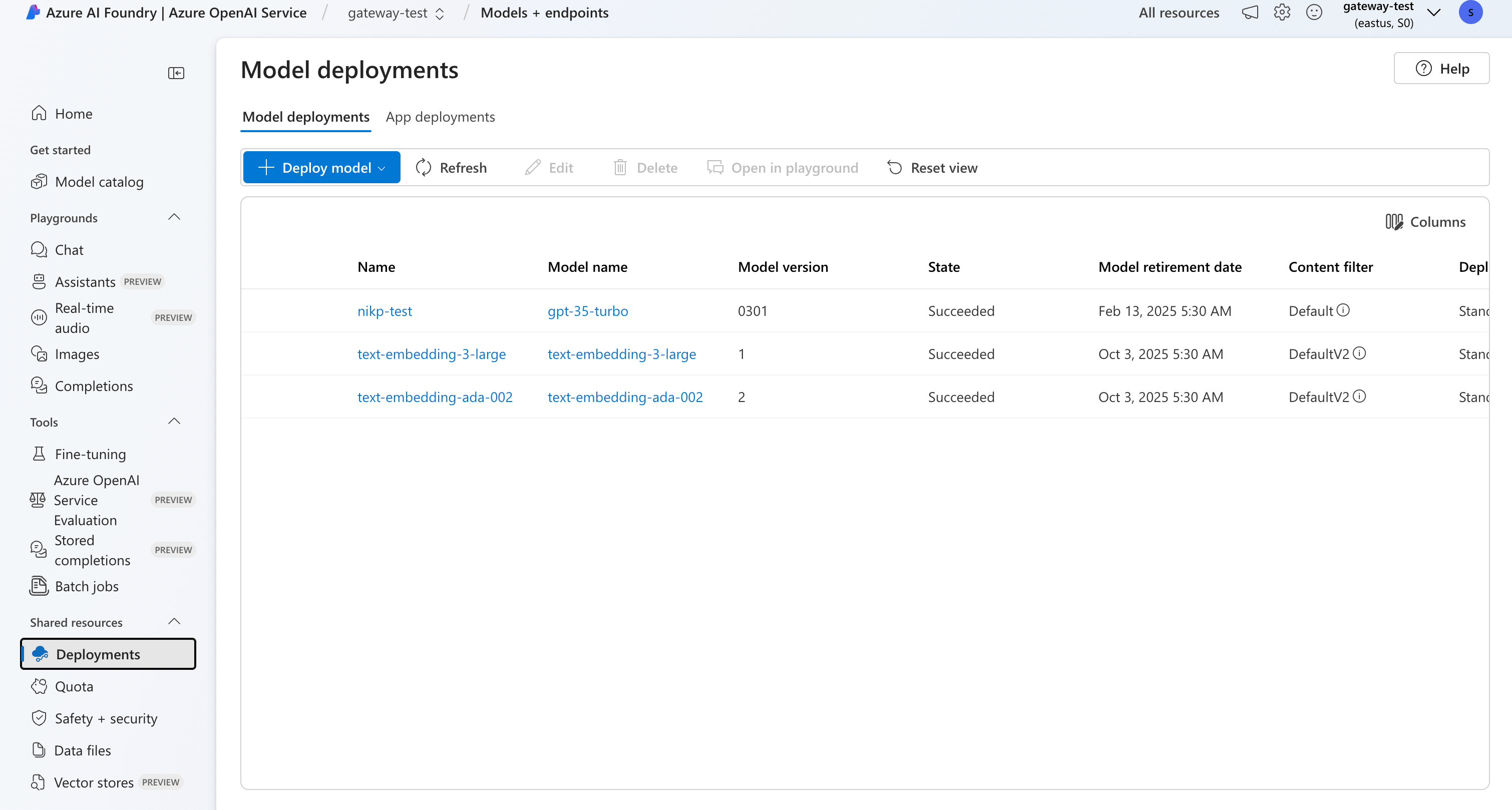 Azure AI Studio showing deployed models with deployment names highlighted