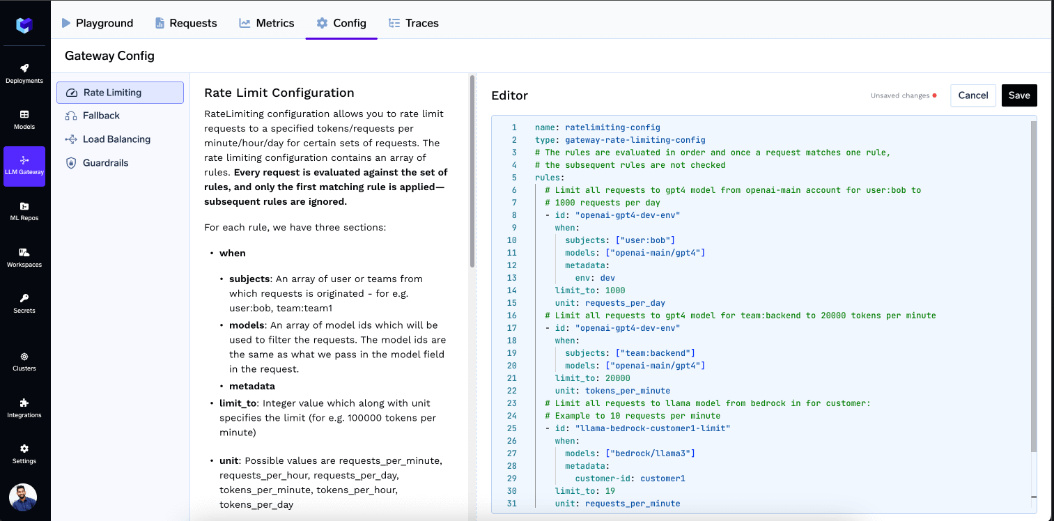 TrueFoundry AI Gateway interface showing how to configure rate limiting
rules through the Config
tab