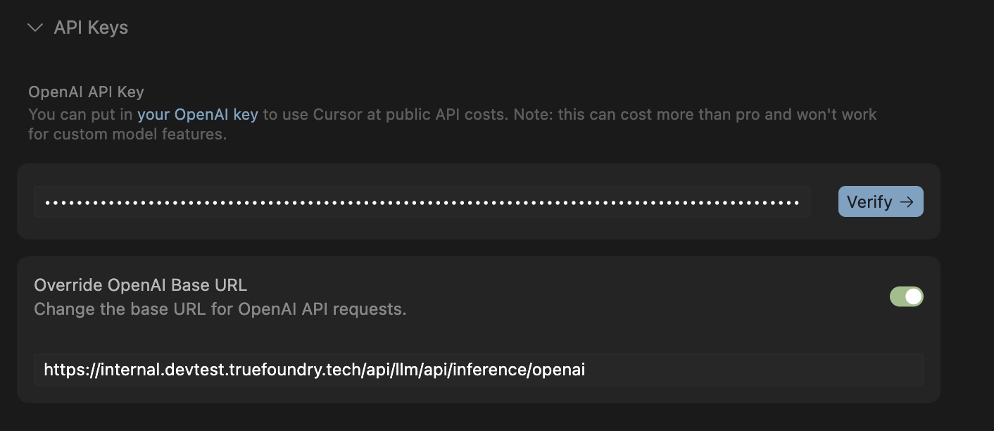 Cursor settings page showing API keys configuration section for OpenAI integration
