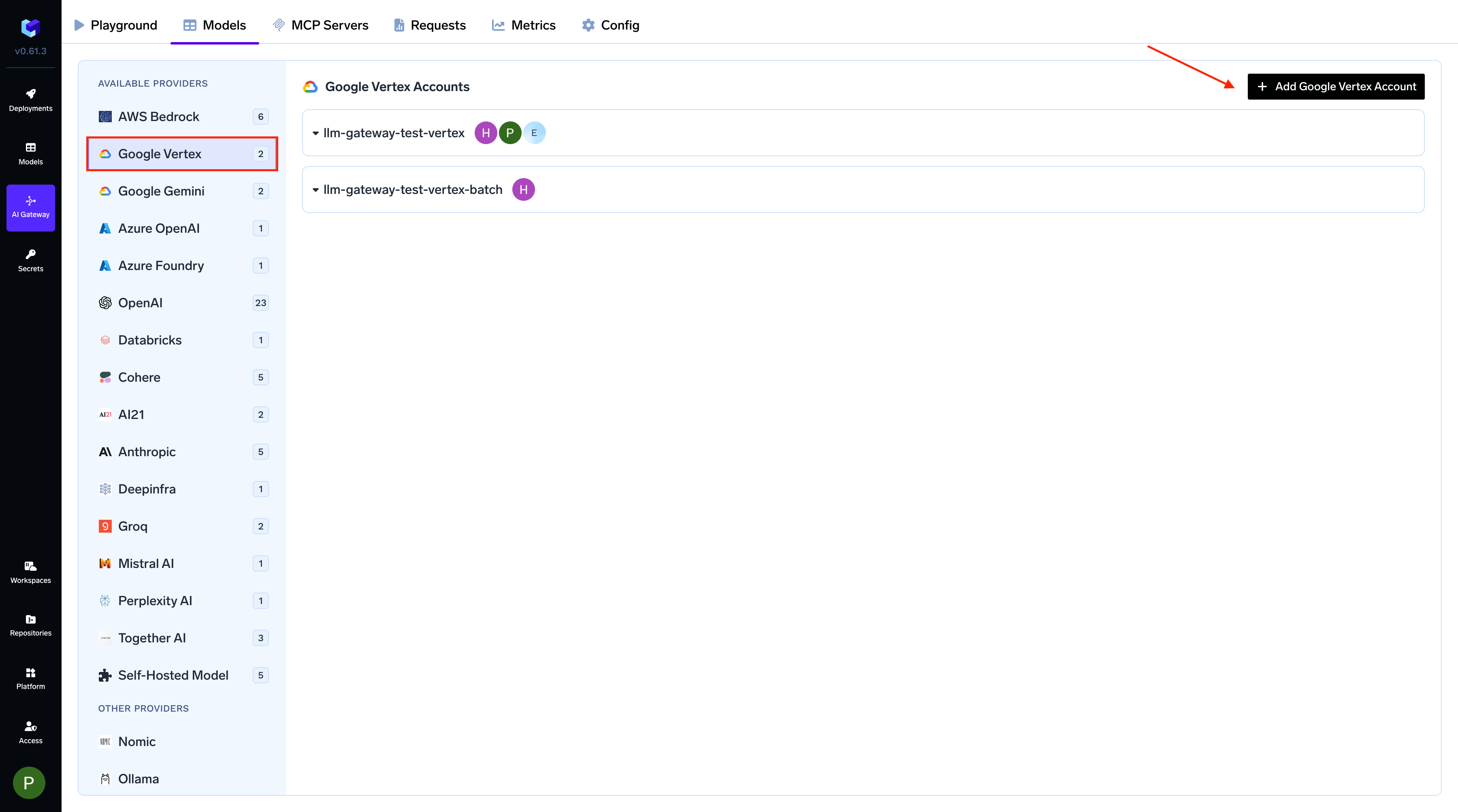 Navigating to Google Vertex Provider Account in AI Gateway