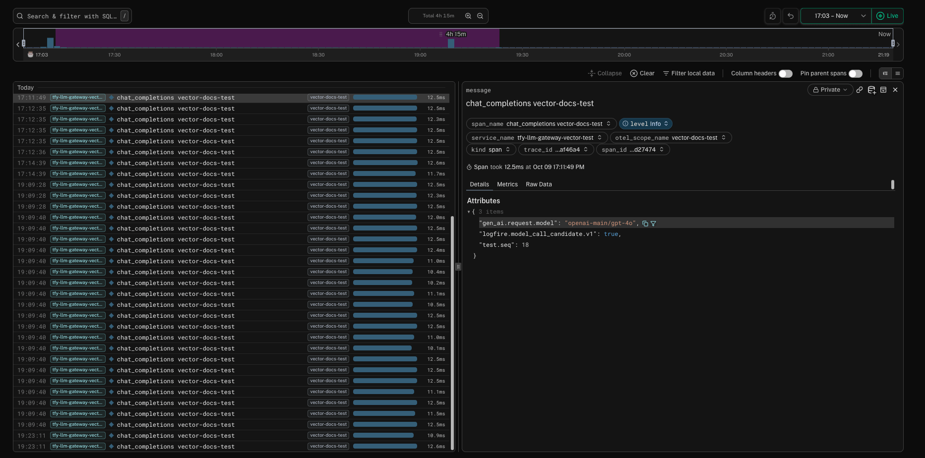 Pydantic Logfire Live view showing chat_completions traces from tfy-llm-gateway
