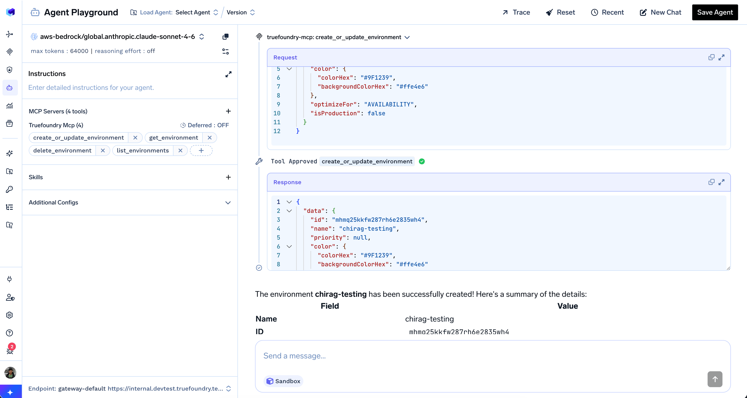 Agent Playground showing Tool Approved for create_or_update_environment, the tool response payload, and the assistant's confirmation that the environment was created