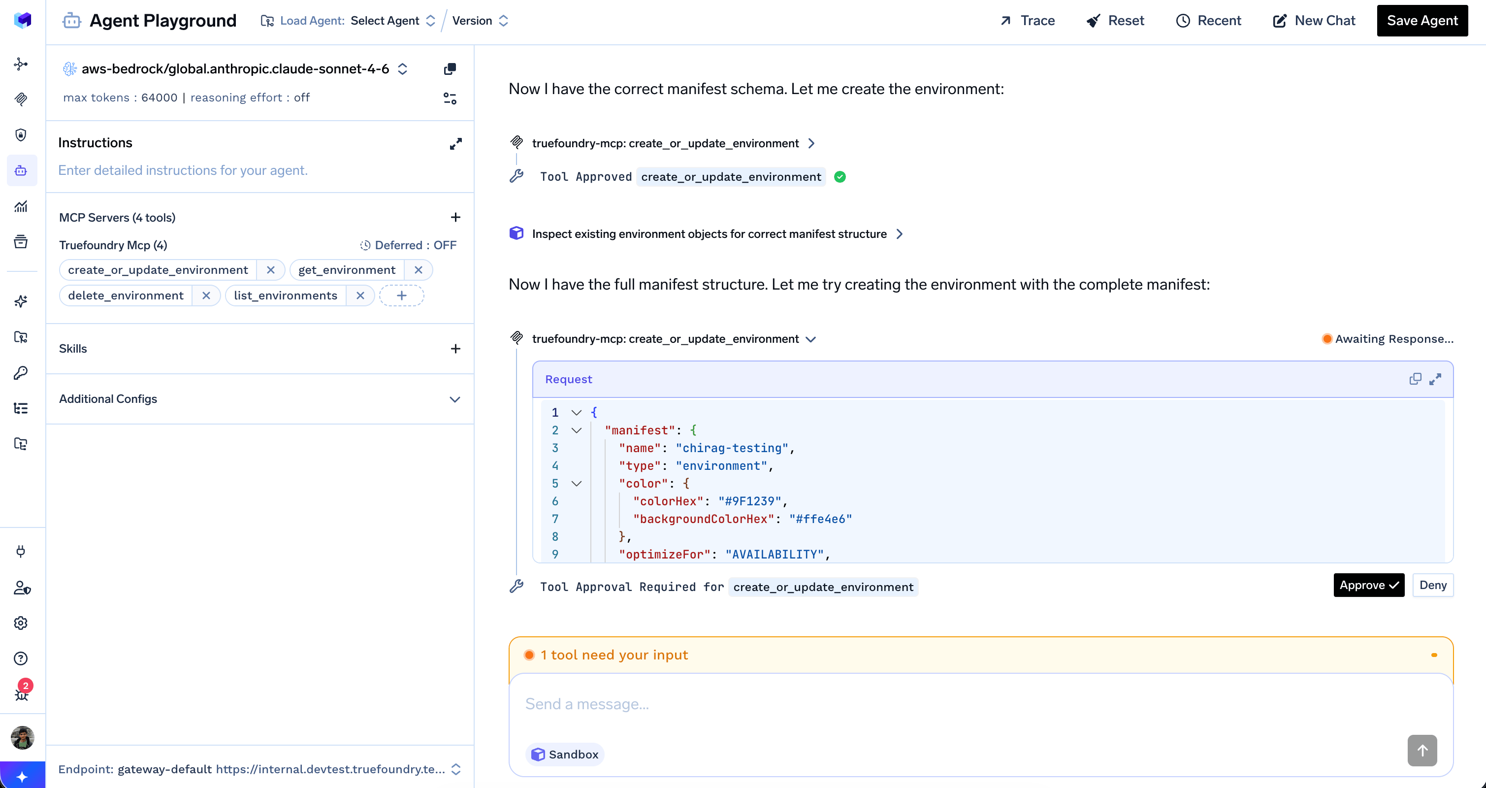 Agent Playground showing a paused tool call for create_or_update_environment with the request body and Approve and Deny action buttons