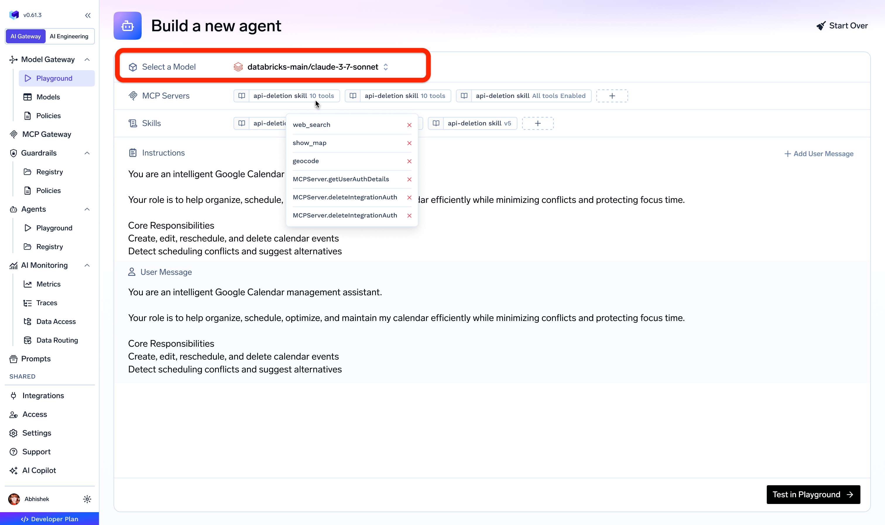 Agent Harness builder showing the Select a Model dropdown highlighted at the top of the agent configuration form