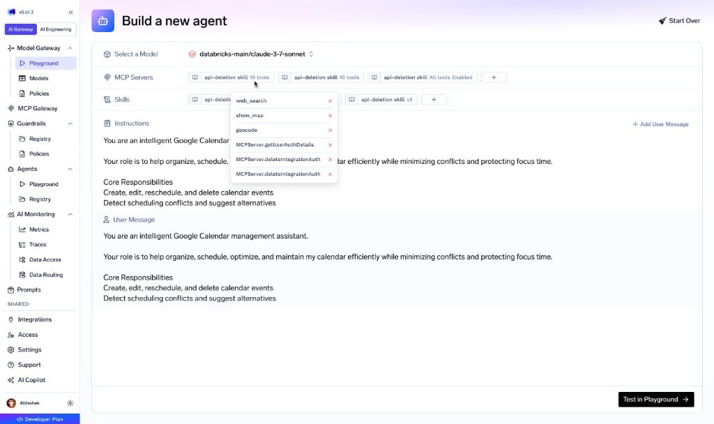 TrueFoundry Agent Harness builder showing model selection, MCP servers, skills, instructions, and a playground test button