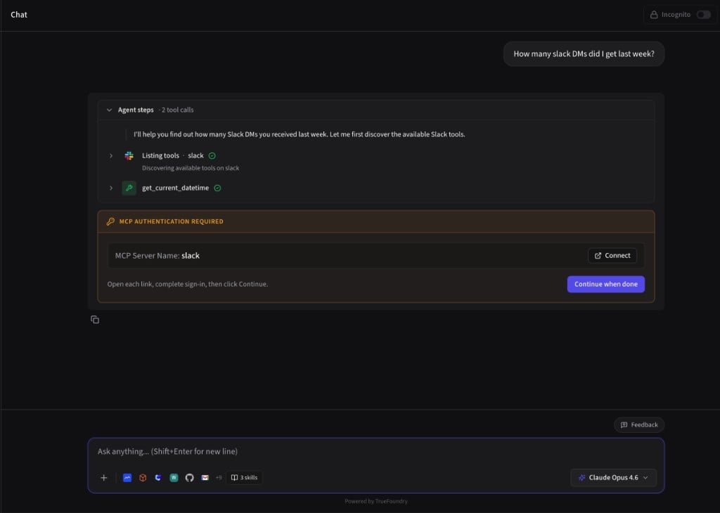 Agent chat interface showing MCP authentication required for Slack, with a connect button and continue flow inside the conversation