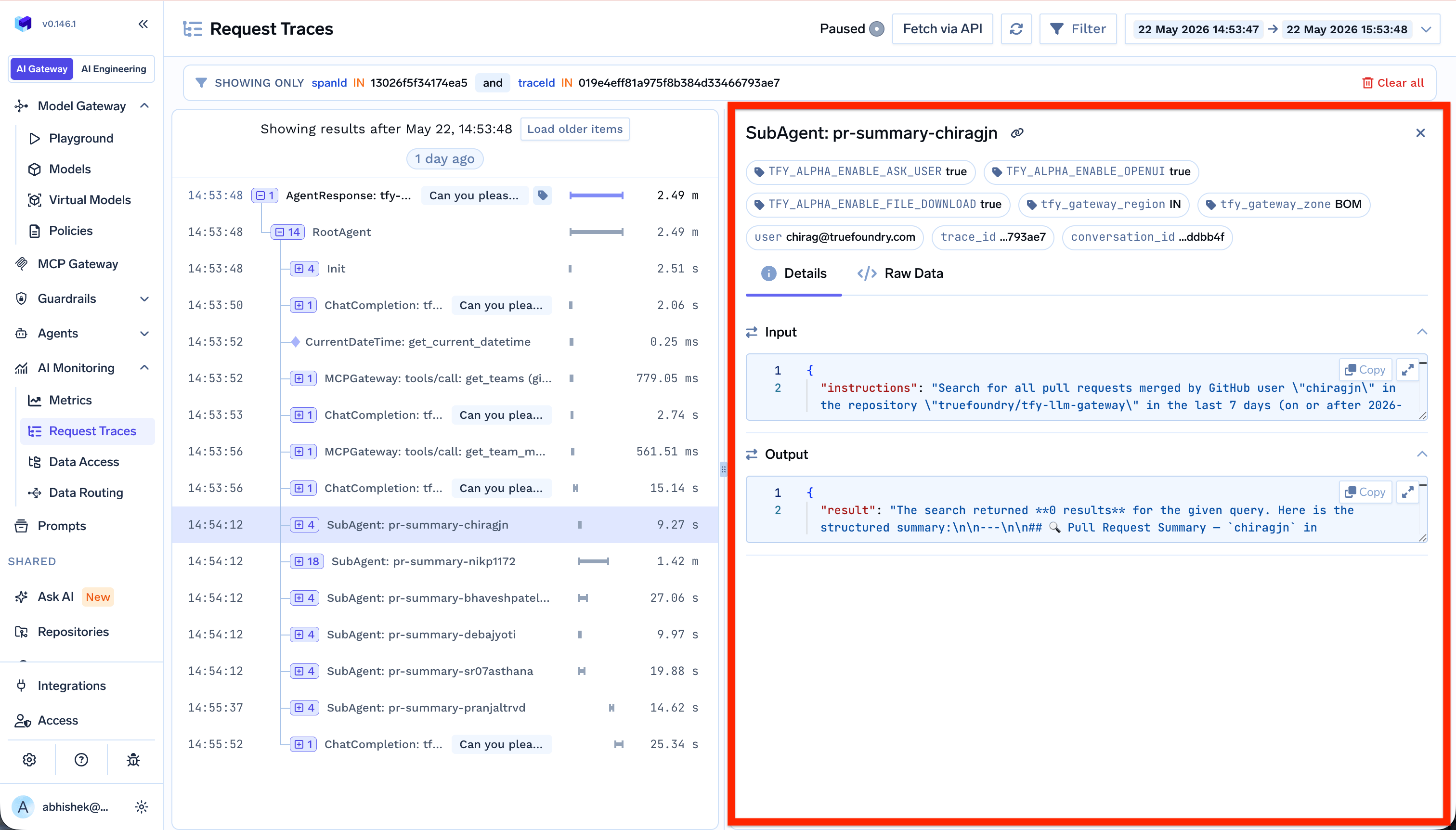 Subagent trace detail panel showing the input instructions and output result for a pr-summary subagent