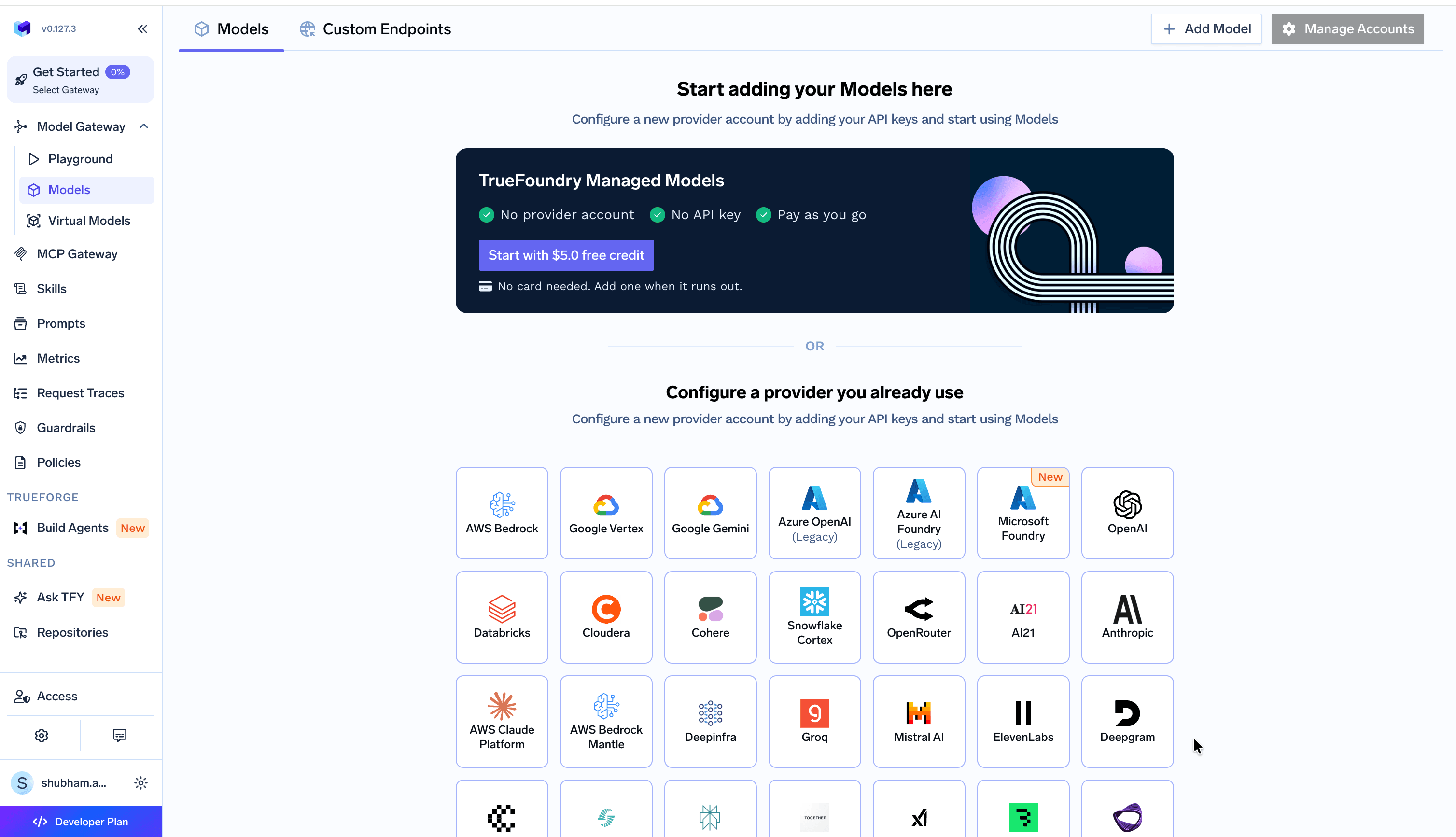 Models page with the TrueFoundry Managed Models card: no provider account, no API key, pay as you go, and Start with free credit