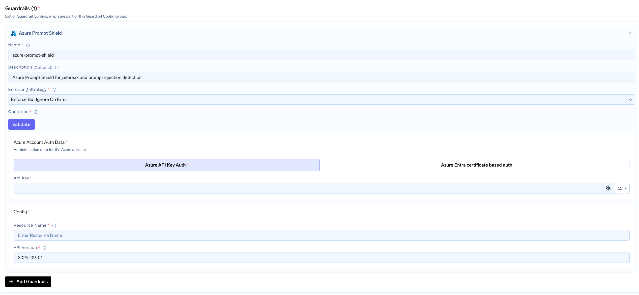 TrueFoundry interface for configuring Azure Prompt Shield with fields for name, resource name, API version, and authentication