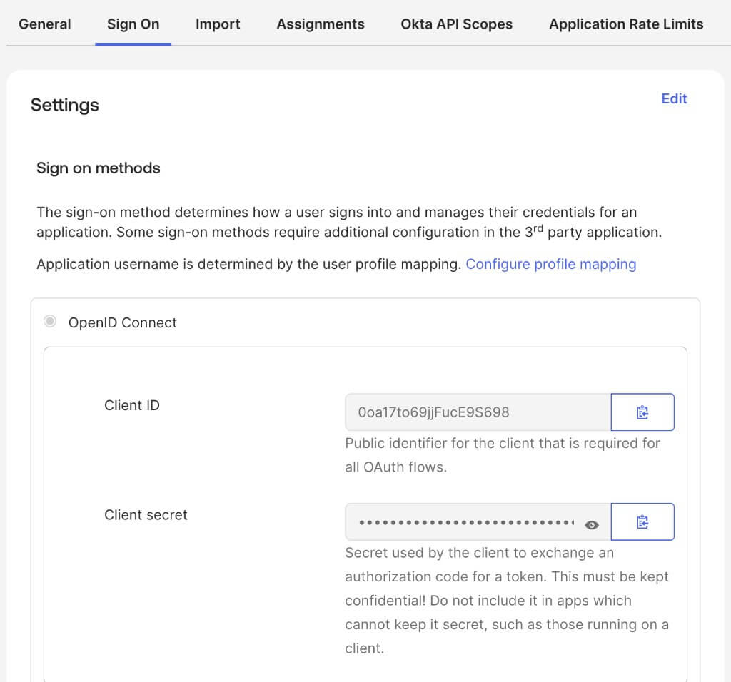 Okta TrueFoundry app Sign On tab showing OpenID Connect Client ID and Client secret