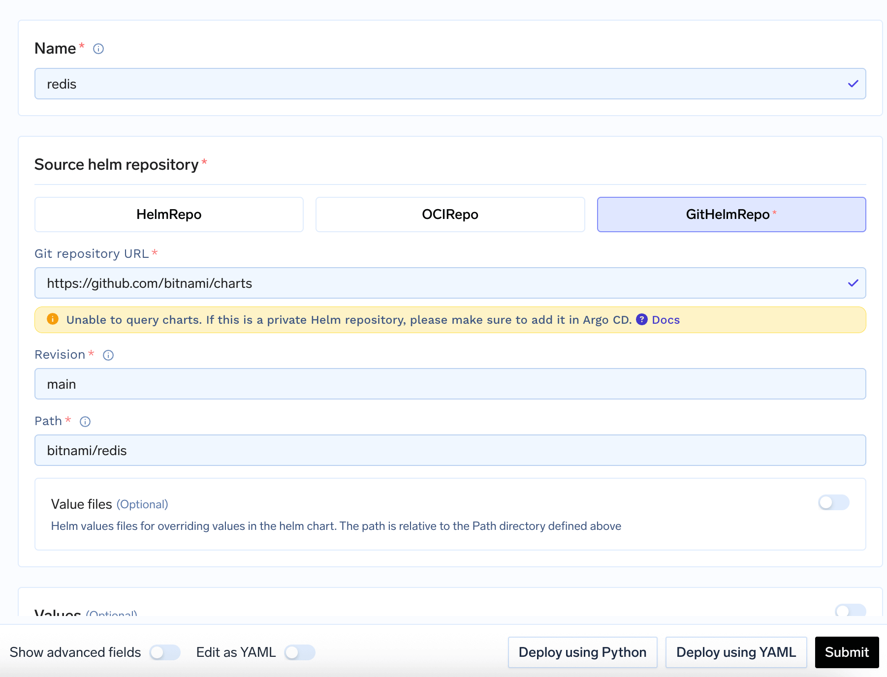 GitHelmRepo configuration showing Git repository URL, revision, and path fields