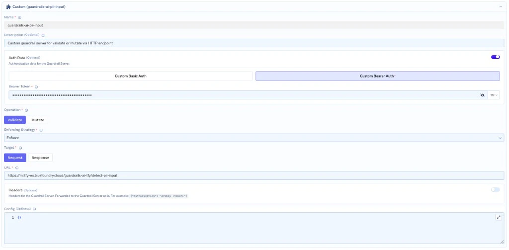 TrueFoundry Custom Guardrail configuration form populated for the Guardrails AI DetectPII input guardrail with Custom Bearer Auth, Validate operation, Enforce strategy, Request target, and the wrapper detect-pii-input URL