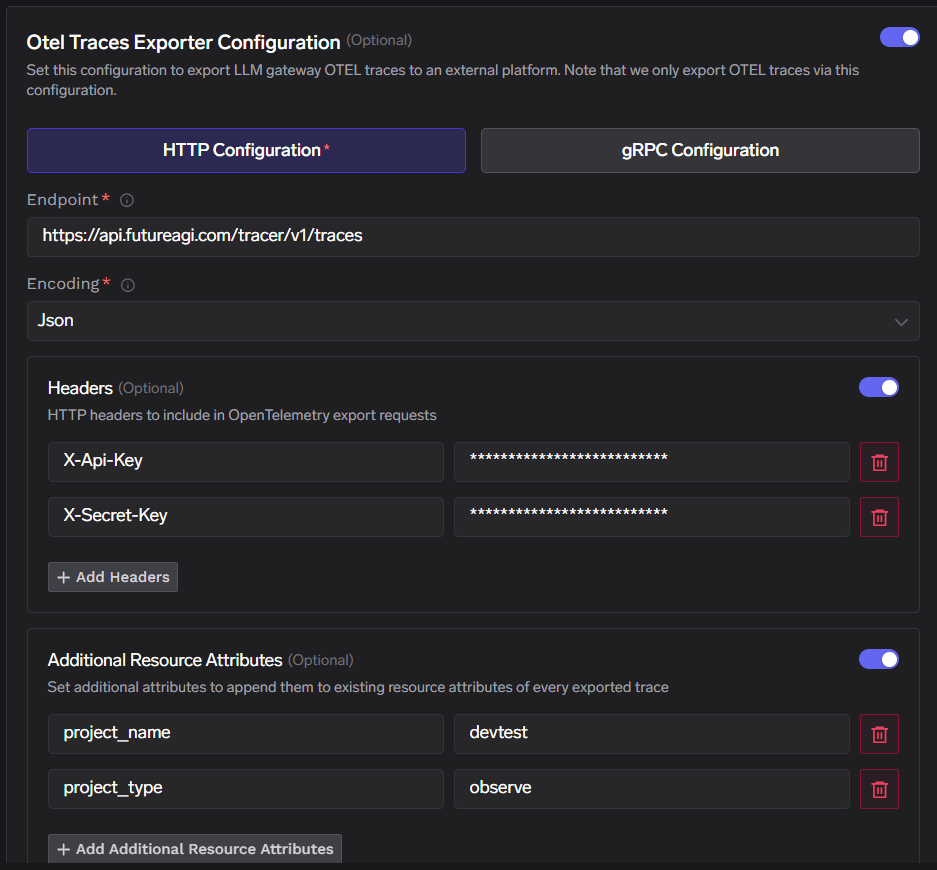 TrueFoundry OTEL Traces Exporter Configuration for Future AGI with HTTP endpoint, Json encoding, API headers, and resource attributes