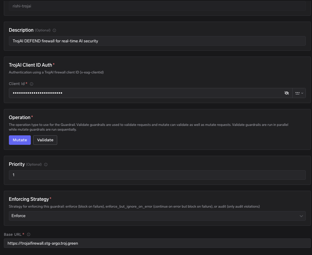 TrueFoundry interface for configuring TrojAI DEFEND with fields for name, description, client ID authentication, operation type, enforcing strategy, and base URL