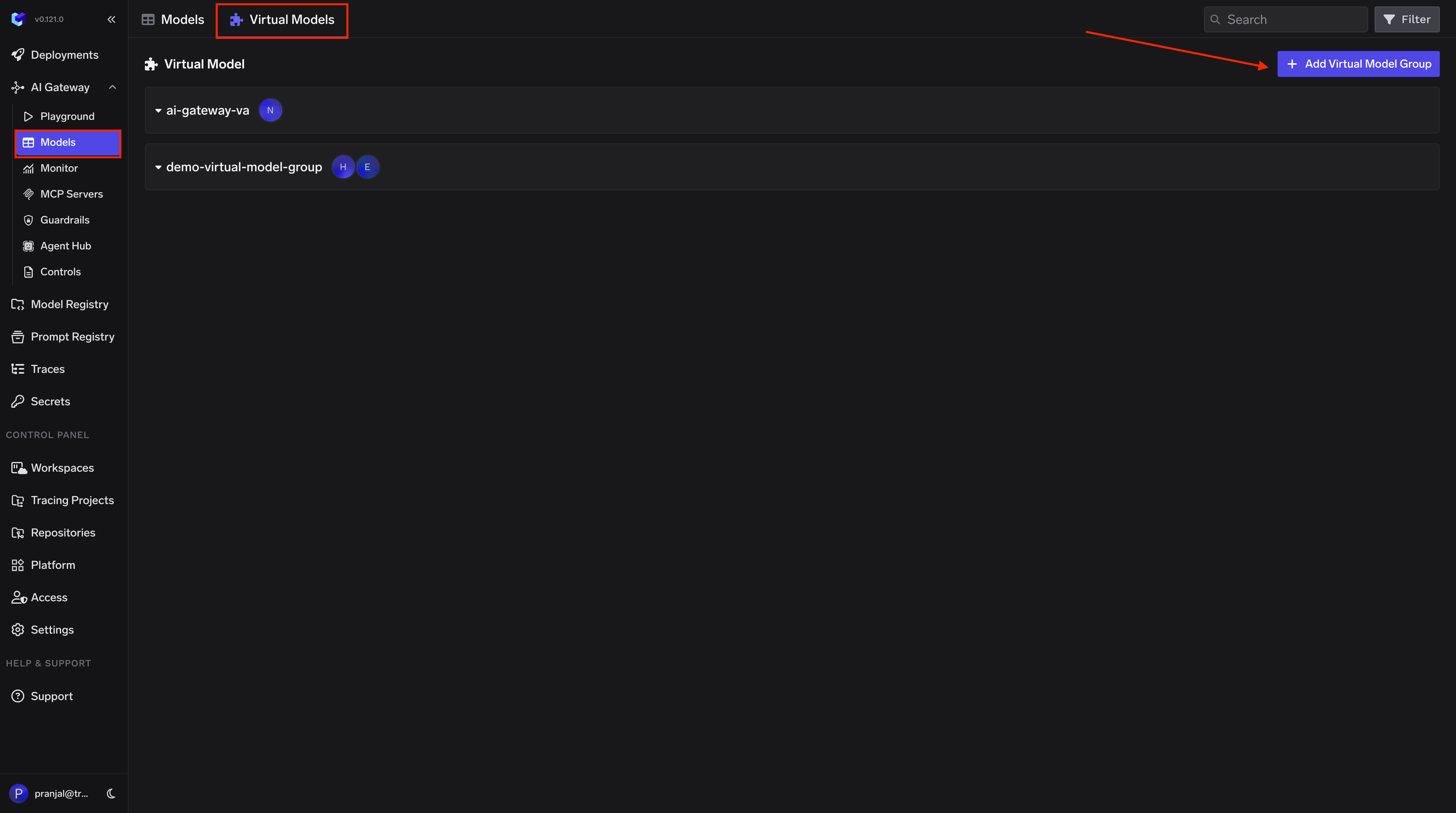 TrueFoundry AI Virtual Model Dashboard