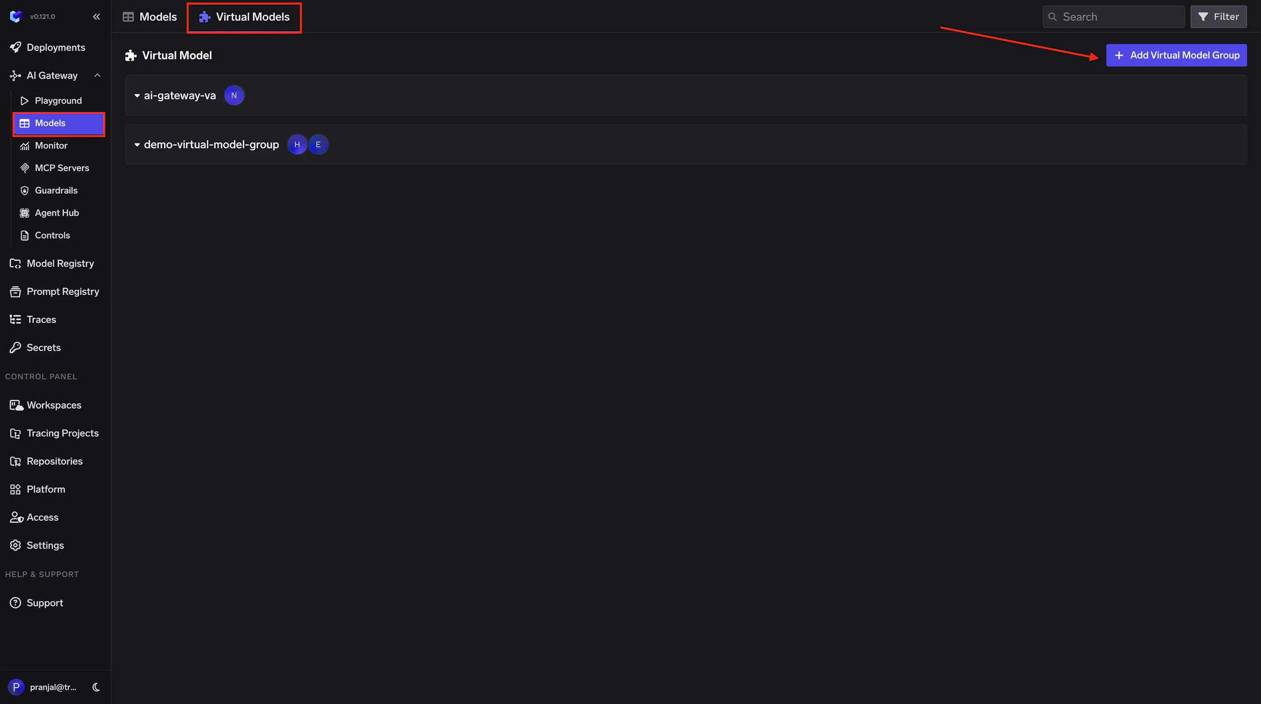 TrueFoundry AI Virtual Model Dashboard