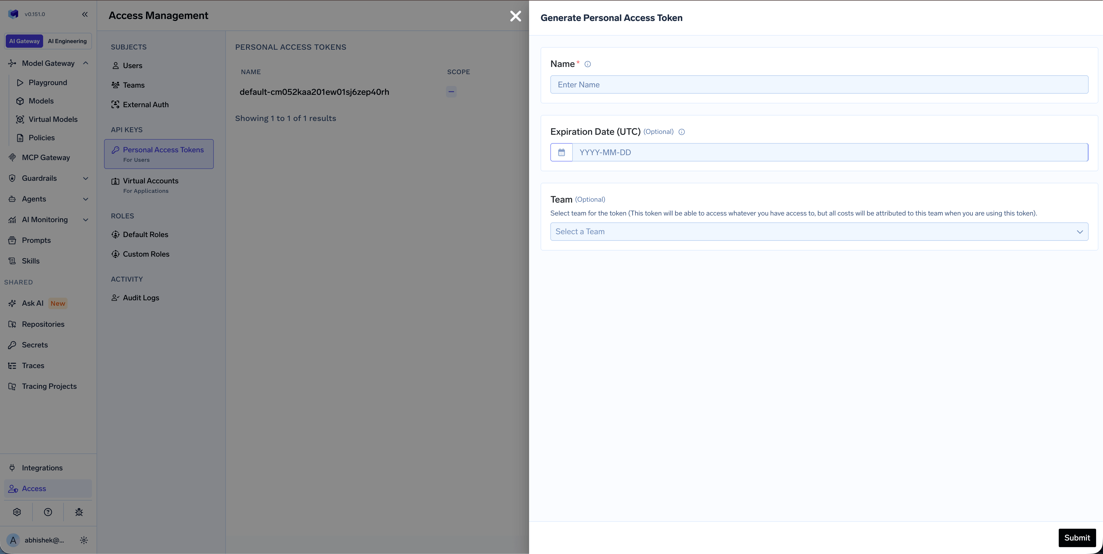 Generate Personal Access Token form showing Name, Expiration Date, and Team fields
