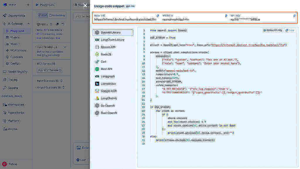 TrueFoundry playground usage code snippet showing the Base URL, Model ID, and API Key
