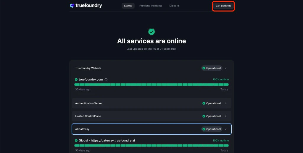 Truefoundry status page with the Get Updates button highlighted in the top right