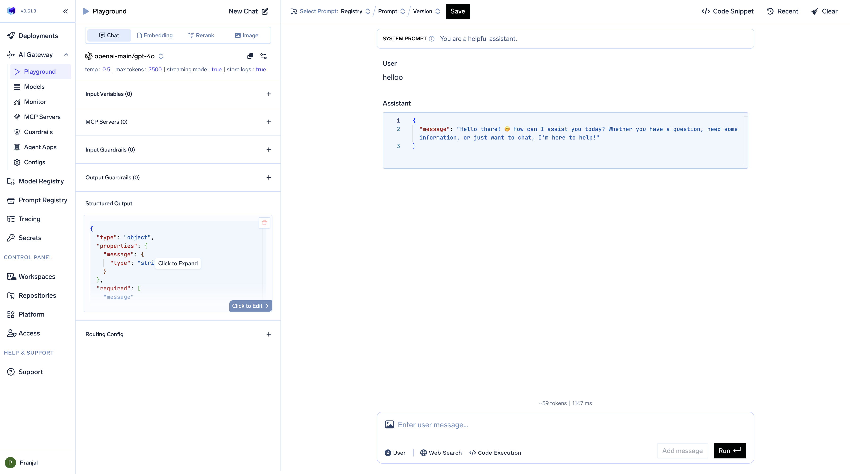 TrueFoundry AI Gateway Playground interface showing model selection, system message input, user message input, and parameter configuration options