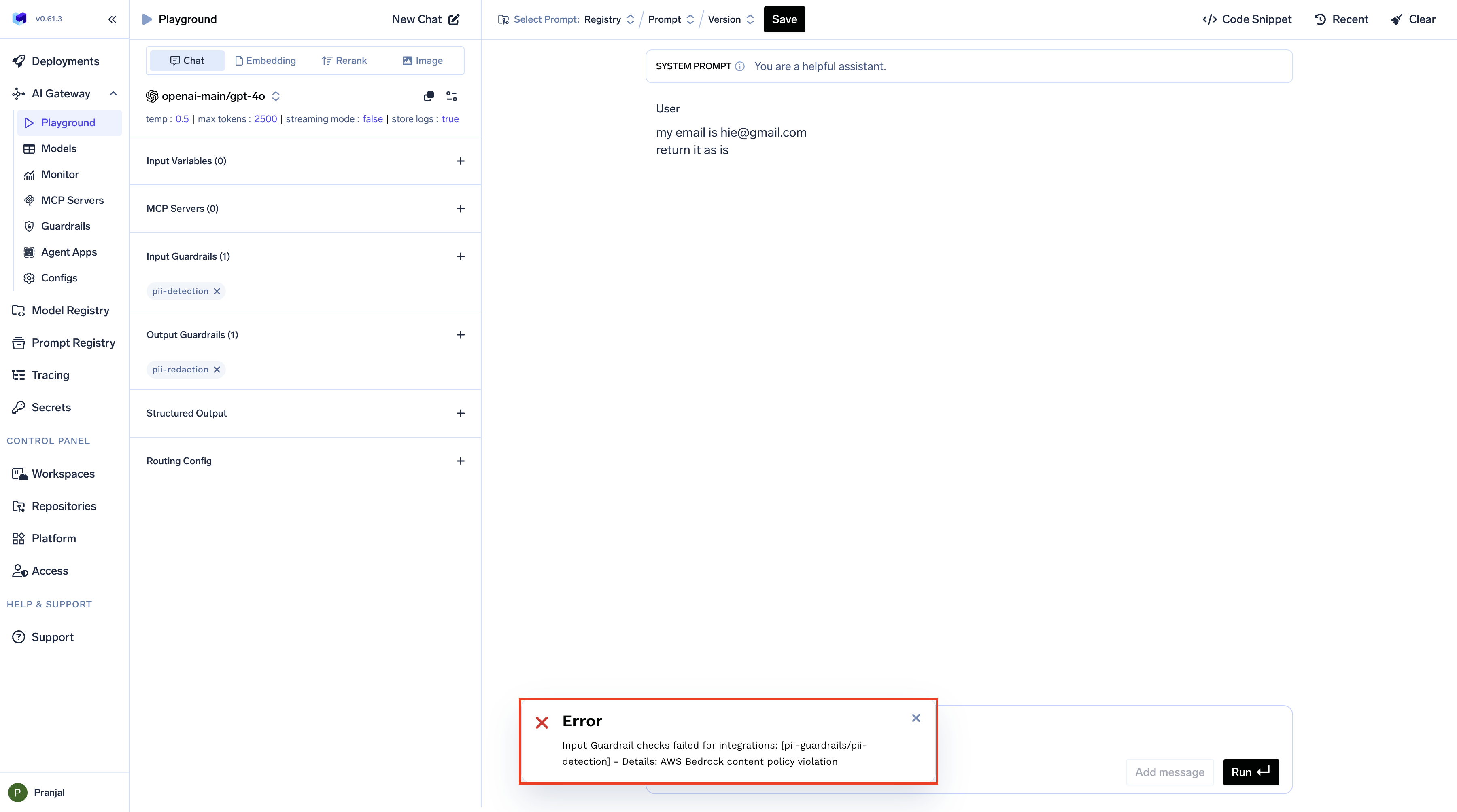 TrueFoundry AI Gateway Playground guardrails configuration interface showing selected guardrail policies applied to the prompt