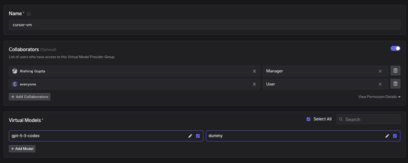 TrueFoundry Virtual Model Provider Group page showing cursor-vm group with collaborators and virtual models