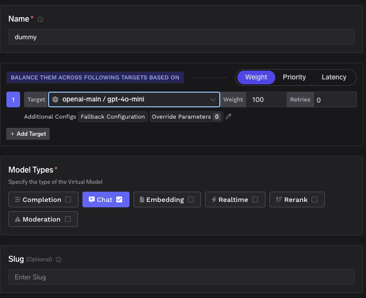 TrueFoundry Virtual Model configuration showing target model openai-main/gpt-4o-mini with weight-based routing