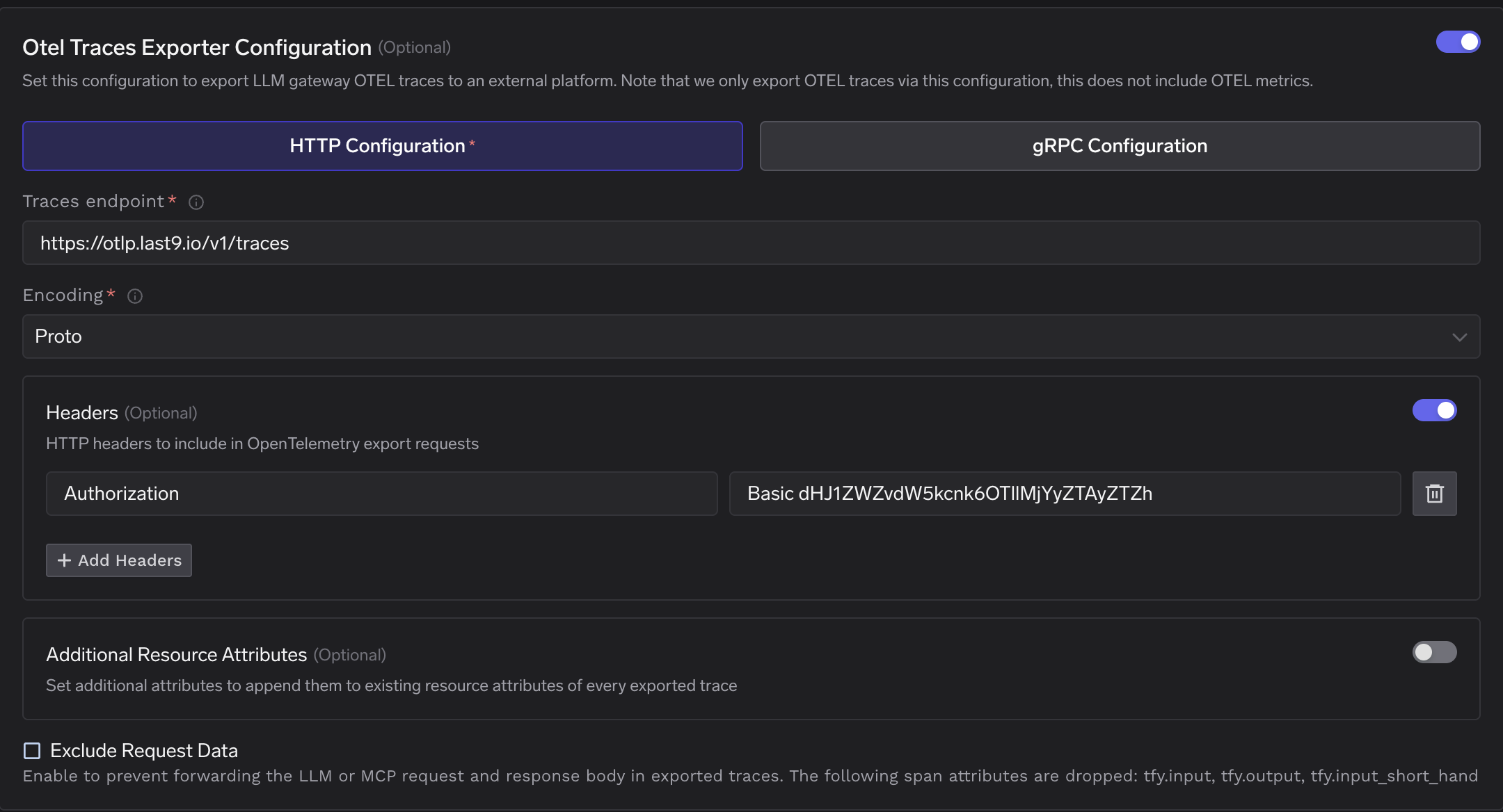 TrueFoundry OTEL Config page showing HTTP configuration with Last9 endpoint and Basic authorization header